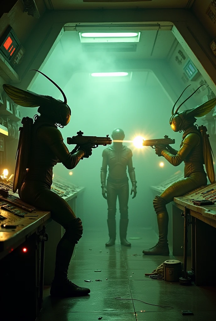 dark sci fi space ship interior nostromo, alien Prometheus movie style, slightly messy retro futurism realistic cockpit bridge hazy atmosphere with green insectoid dragonfly humanoids with hornet heads in space suits holding laser pistol and firing at human in space suit