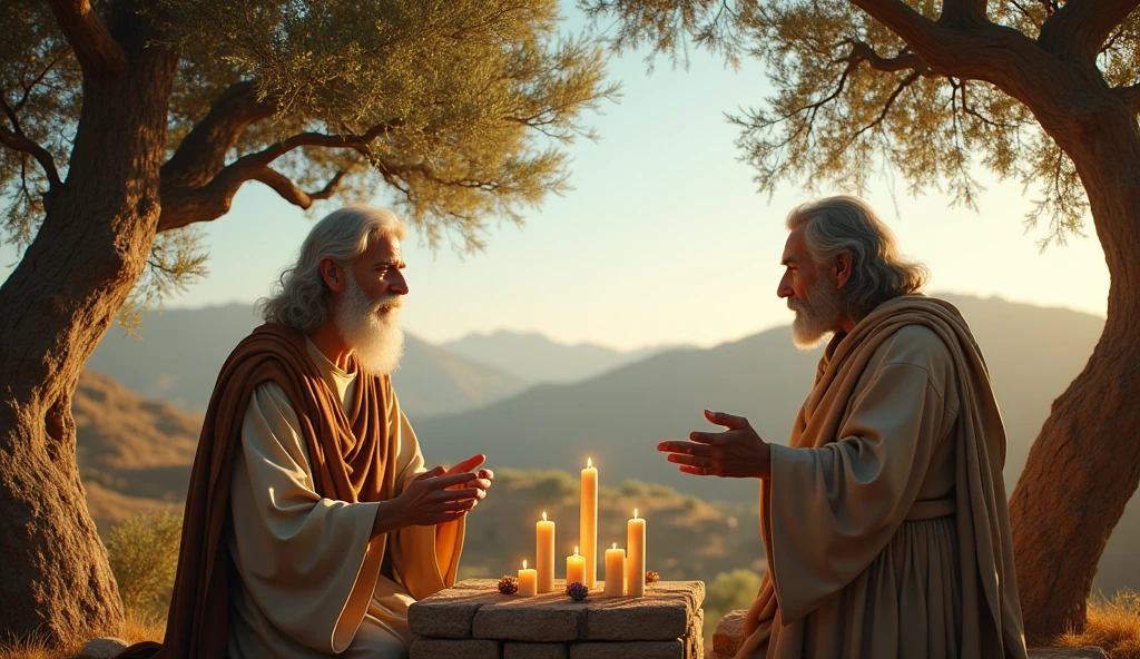 John, the apostle, white bearded, eyes browns, age 60 years, talking with an Elder