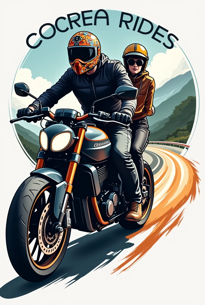 I want a logo for a MotoVlog called COCREA RIDES, I want a naked motorcycle with two passengers, the male pilot with a helmet and the female co-pilot with a helmet.