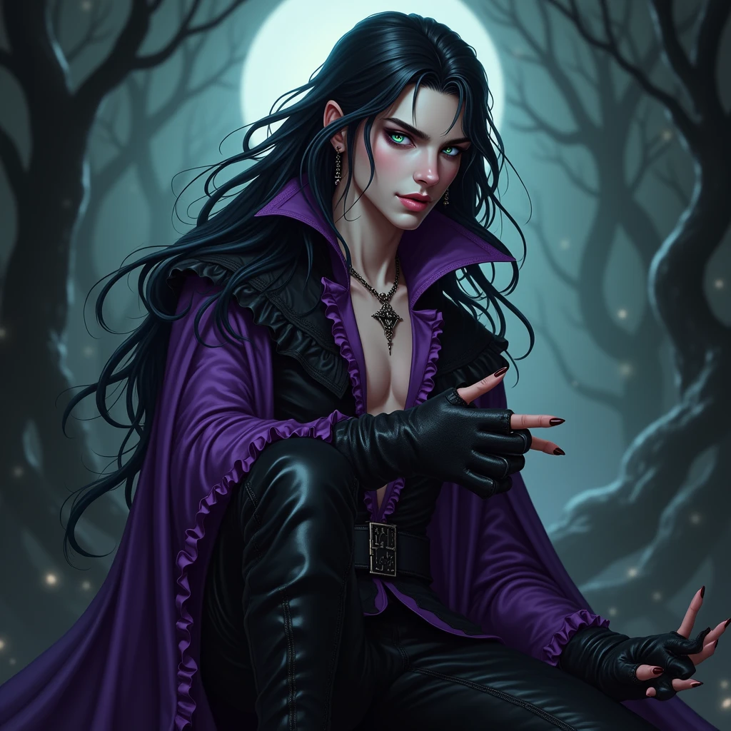 A sexy young male, black, long hair, teal blue eyes. Gothic clothes. (Male) (no facial or body hair)) masterpiece, best quality, ultra-detailed, best shadow), (detailed background) (purple and black) pretty handsome. Sexy Cute. No facial hair. No body hair. Wink. Seductive. Sexy. Pale and white skin. Smirking. Anime style. Blood. Vampire. Sexy. Death note style. Pink lips. SENSUAL. Purple and black gothic frilly clothes. Long lashes. Sexy pose. Love. Shiny. Vampire Prince. Bottom angle. Seductive. Male. Bottom angle. Shiny. Long boots. Delicate facial features. Kiss.