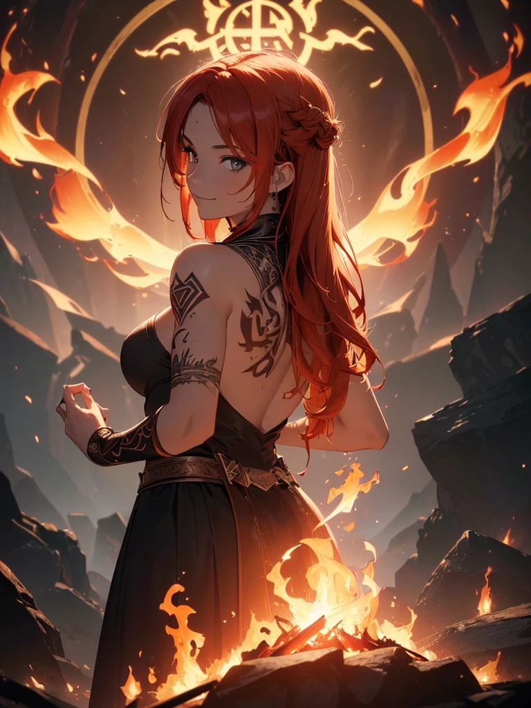 (((best quality, sharp image, clear image, cinematic lighting, 8k resolution, masterpiece, ultra detailed, intricate))) Girl, (((looking over left shoulder))), (shot from behind), fire mage, ((intricate background)), ((chaotic background)), red hair, smiling, ((flame runes, flame sigils)), (tatoo on back)