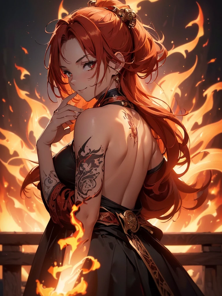 (((best quality, sharp image, clear image, cinematic lighting, 8k resolution, masterpiece, ultra detailed, intricate))) Girl, (((looking over left shoulder))), (shot from behind), fire mage, ((intricate background)), ((chaotic background)), red hair, smiling, ((flame runes, flame sigils)), (tatoo on back)