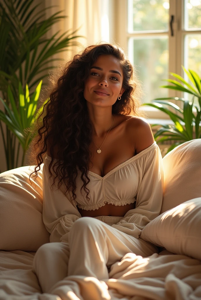 (photorealism:1.2), beautiful woman, sitting on bed, wearing loose off-shoulder top, pajama pants, long curly hair, indoors, soft lighting, plants in background, window with sunlight, cozy room, relaxed pose, realistic, intricate details, warm colors, by Greg Rutkowski, by Alphonse Mucha Spider qui se fait frappe par Venom
