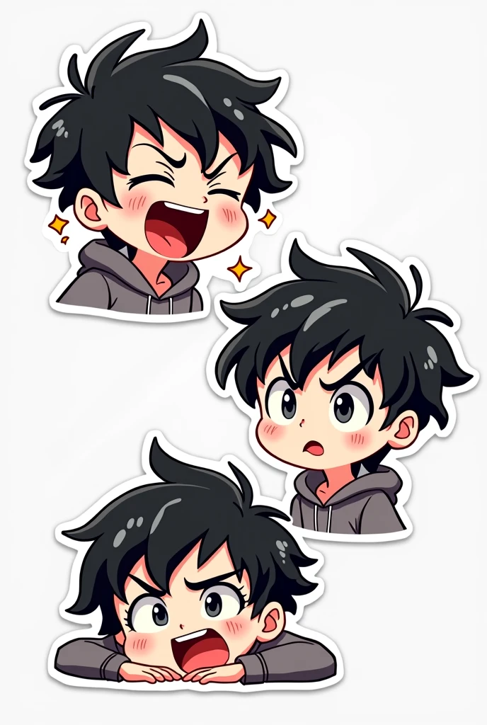 I want to create a series of stickers for WhatsApp and Telegram here the character has white skin, black eyes, black hair, gray hoodie, he's a boy, shoulder head stiker series. Funny, angry, thinking