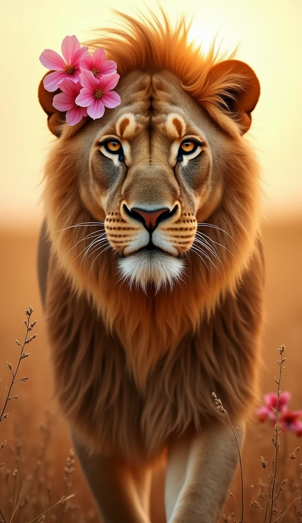 Strong and beautiful hyperrealistic 8k lioness with pink flower details