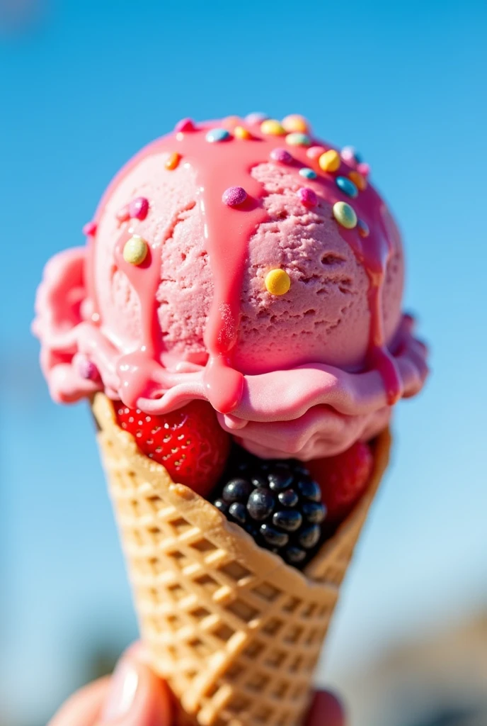 Create a pink ice cream ball with strawberry sauce and some colorful chips on top. Underneath the ball, a cone with pieces of blackberry and strawberry fruit at the tip of the cone. 