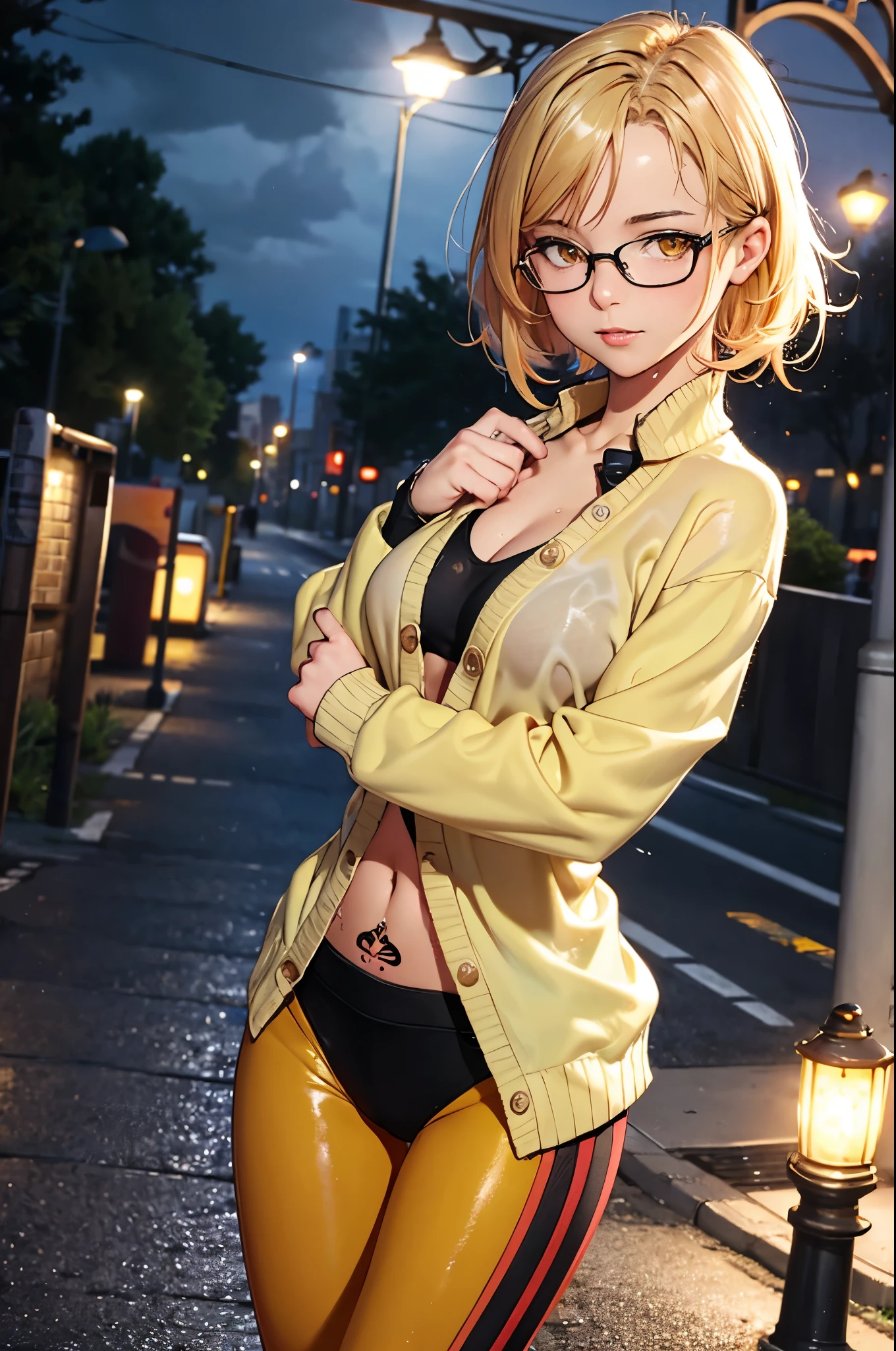 best quality, masterpiece, cinematic lighting, intricate, cinematic detailed realistic background, detailed face, full body, small breasts, realistic, ligne claire, 1girl jogging, cityscape, night, tied shirt, looking at viewer, tattoo, model pose, open cardigan, ringed yellow eyes, streetlight, lamppost, yoga pants, split-color hair, glasses, wet clothes