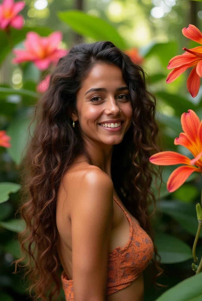 A Brazilian woman in a lush tropical garden, without any clothes, with a close-up capturing the harmonious beauty between her breasts and the natural flowers, showing off your natural charm and outgoing personality.