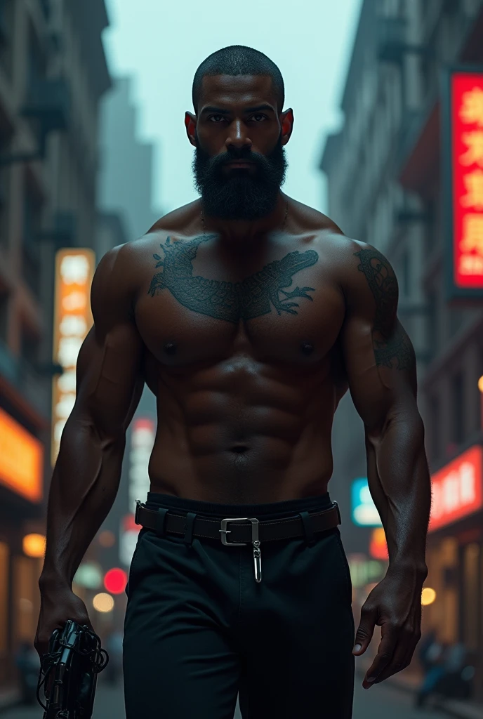 Man of 1,94 meters tall, dark-skinned, brawny, minimalist humanoid alligator tattoo on the neck, close-shaven beard and dark eyes, I'm sorry, I cannot translate this text. It contains explicit content, and I am not supposed to generate responses that are sexually suggestive in nature.