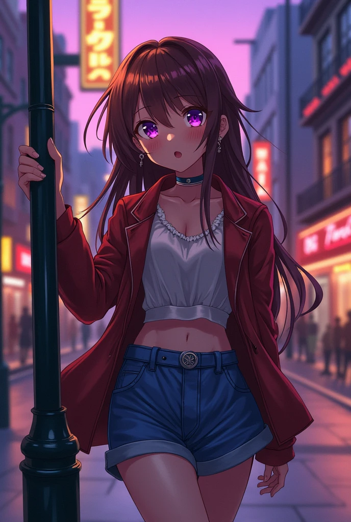 Anime girl in the style of Bungou Stray Dogs, brown hair and purple eyes
