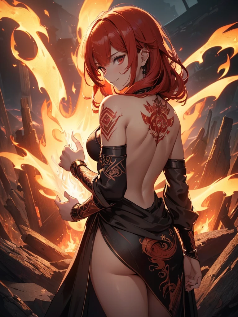 (((best quality, sharp image, clear image, cinematic lighting, 8k resolution, masterpiece, ultra detailed, intricate))) Girl, (((looking over left shoulder))), (shot from behind), fire mage, ((intricate background)), ((chaotic background)), red hair, smiling, ((flame runes, flame sigils)), (tatoo on back)