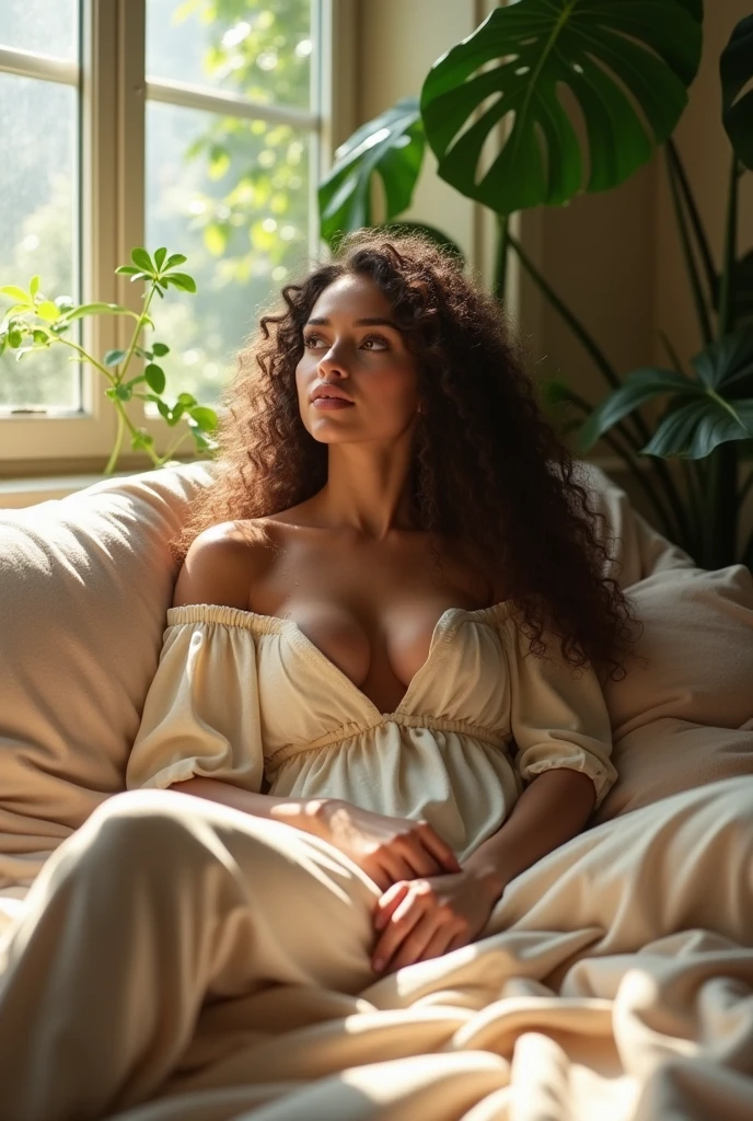 (photorealism:1.2), beautiful woman, sitting on bed, wearing loose off-shoulder top, pajama pants, long curly hair, indoors, soft lighting, plants in background, window with sunlight, cozy room, relaxed pose, realistic, intricate details, warm colors, by Greg Rutkowski, by Alphonse Mucha