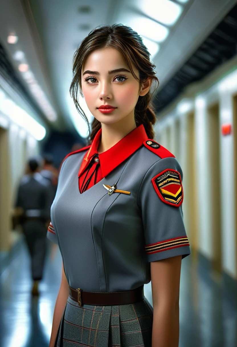 masterpiece, 1girl, solo, extremely detailed, photo realistic, high resolution, soft lighting, cinematic angle, slender, slim, detailed face, beautiful eyes, pretty face, a girl wearing uniform standing in a plane corridor, red shirt and gray skirt,