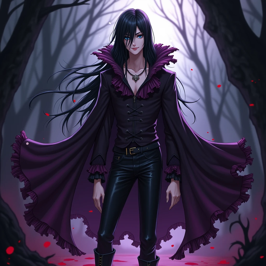 A sexy young male, black, long hair, teal blue eyes. Gothic clothes. (Male) (no facial or body hair)) masterpiece, best quality, ultra-detailed, best shadow), (detailed background) (purple and black) pretty handsome. Sexy Cute. No facial hair. No body hair. Wink. Seductive. Sexy. Pale and white skin. Smirking. Anime style. Blood. Vampire. Sexy. Death note style. Pink lips. SENSUAL. Purple and black gothic frilly clothes. Long lashes. Sexy pose. Love. Shiny. Vampire Prince. Bottom angle. Seductive. Male. Bottom angle. Shiny. Long boots. Delicate facial features. Kiss.