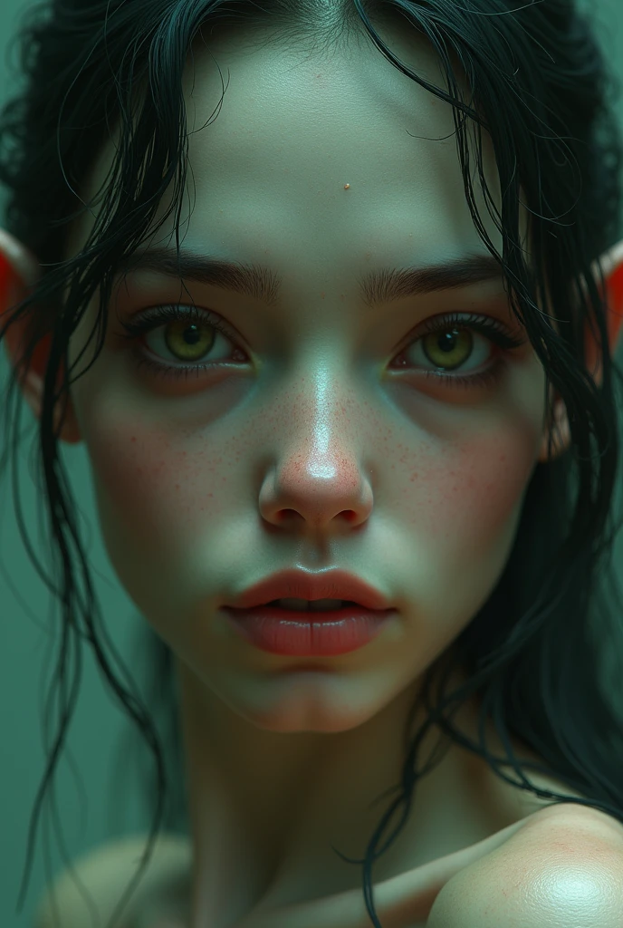 ((perfect ???????:1.2,realistic:1.3,RAW Photography:1.3,masterpiece、highest quality、Ultra - High resolution、High resolution、Highly detailed CG、8K)),full body,1 female daemon,age of 14 ((beautiful detailed face and eyes:1.2,big gorgeous eyes:1.2)), Focus on a stunning, alluring face with captivating eyes. small breasts,slender body,small head:1.5,skinny, (oily skin,gleaming skin,pale skin,sweat:1.2), Body should be overtly sexual, with revealing attire or nudity. Emphasize a sultry, provocative expression. Skin tone should be a pale, green. Succubus-like features are desired, NSFW not safe for work, show full body