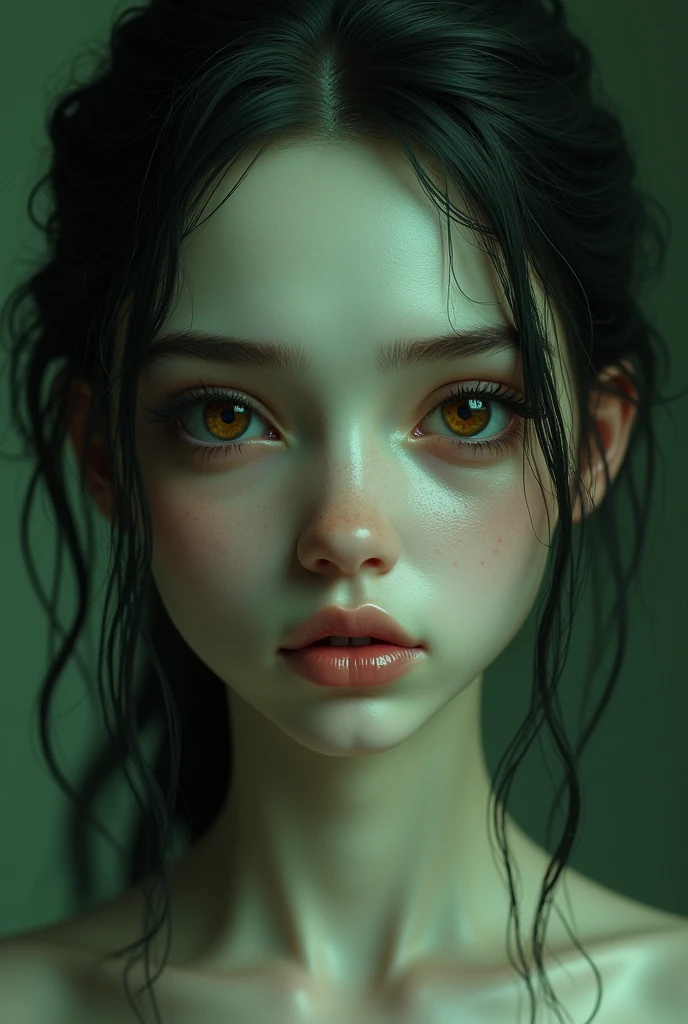 ((perfect anatomy:1.2,realistic:1.3,RAW Photography:1.3,masterpiece、highest quality、Ultra - High resolution、High resolution、Highly detailed CG、8K)),full body,1 female daemon, of 14 beautiful detailed face and eyes:1.2,big gorgeous eyes:1.2)), Focus on a stunning, alluring face with captivating eyes. small breasts,slender body,small head:1.5,skinny, (oily skin,gleaming skin,pale skin,sweat:1.2), Body should be overtly sexual, with revealing attire or nudity. Emphasize a sultry, provocative expression. Skin tone should be a pale, green. Succubus-like features are desired, NSFW not safe for work, show full body