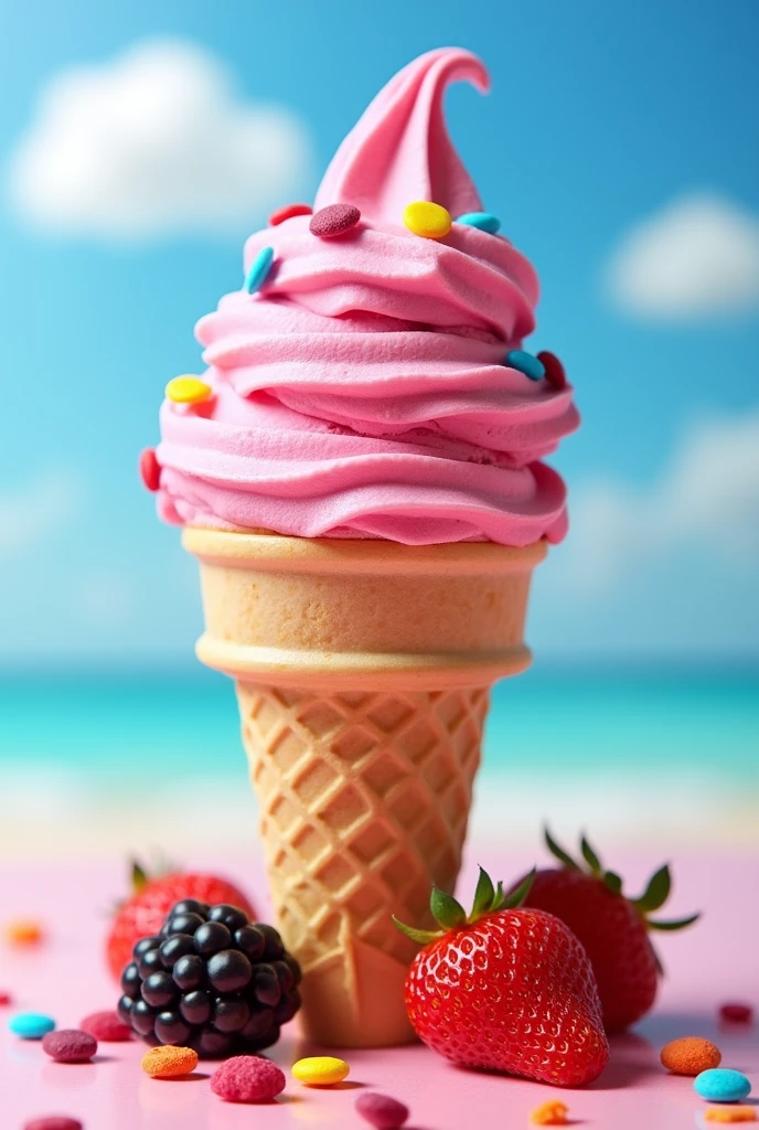 Create a pink ice cream scoop with strawberry sauce and some colorful chips on top.  Below the scoop, a long cone with pieces of blackberry and strawberry fruit around the cone. 