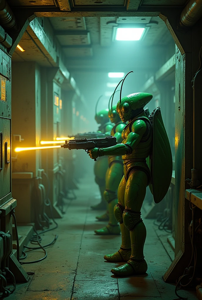 dark sci fi space ship interior nostromo, alien Prometheus movie style, slightly messy retro futurism realistic cockpit bridge hazy atmosphere with green insectoid dragonfly humanoids with hornet heads in space suits holding laser gatling gun shooting yellow laser beams at door