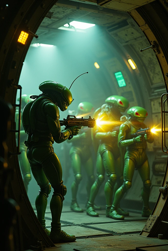dark sci fi space ship interior nostromo, alien Prometheus movie style, slightly messy retro futurism realistic cockpit bridge hazy atmosphere with green insectoid dragonfly humanoids with hornet heads in space suits holding laser gatling gun shooting yellow laser beams at door