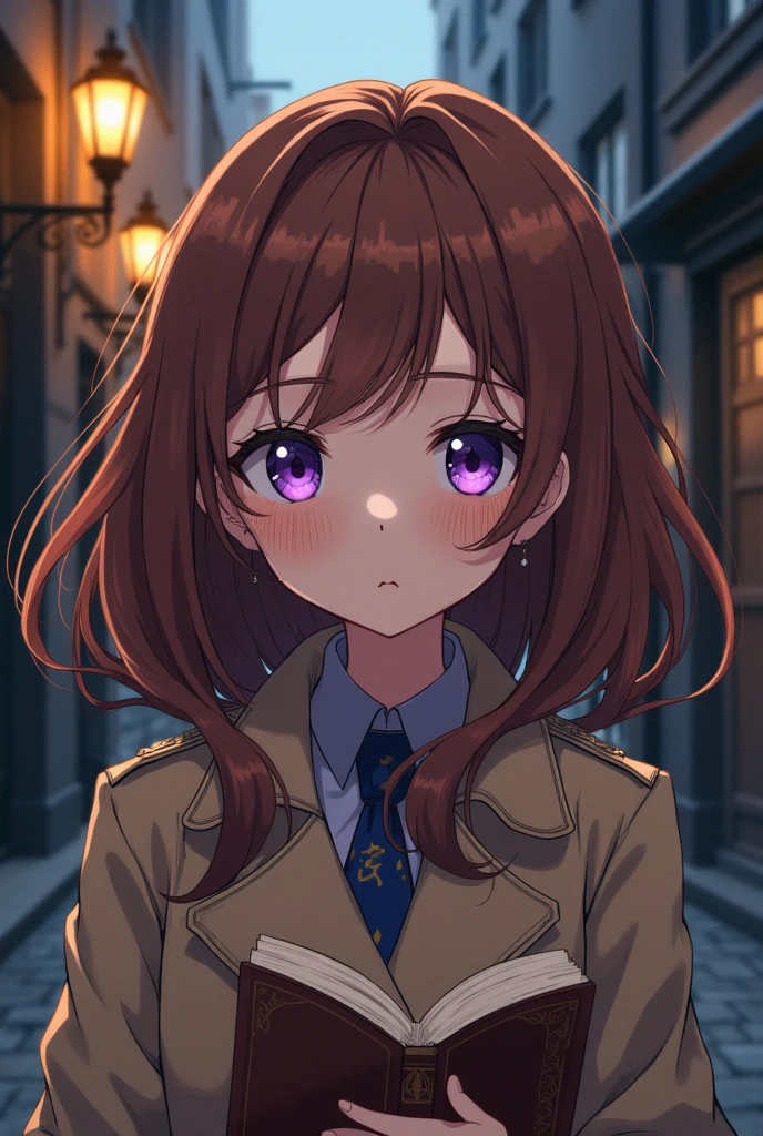 Anime girl in the style of Bungou Stray Dogs, brown hair and purple eyes