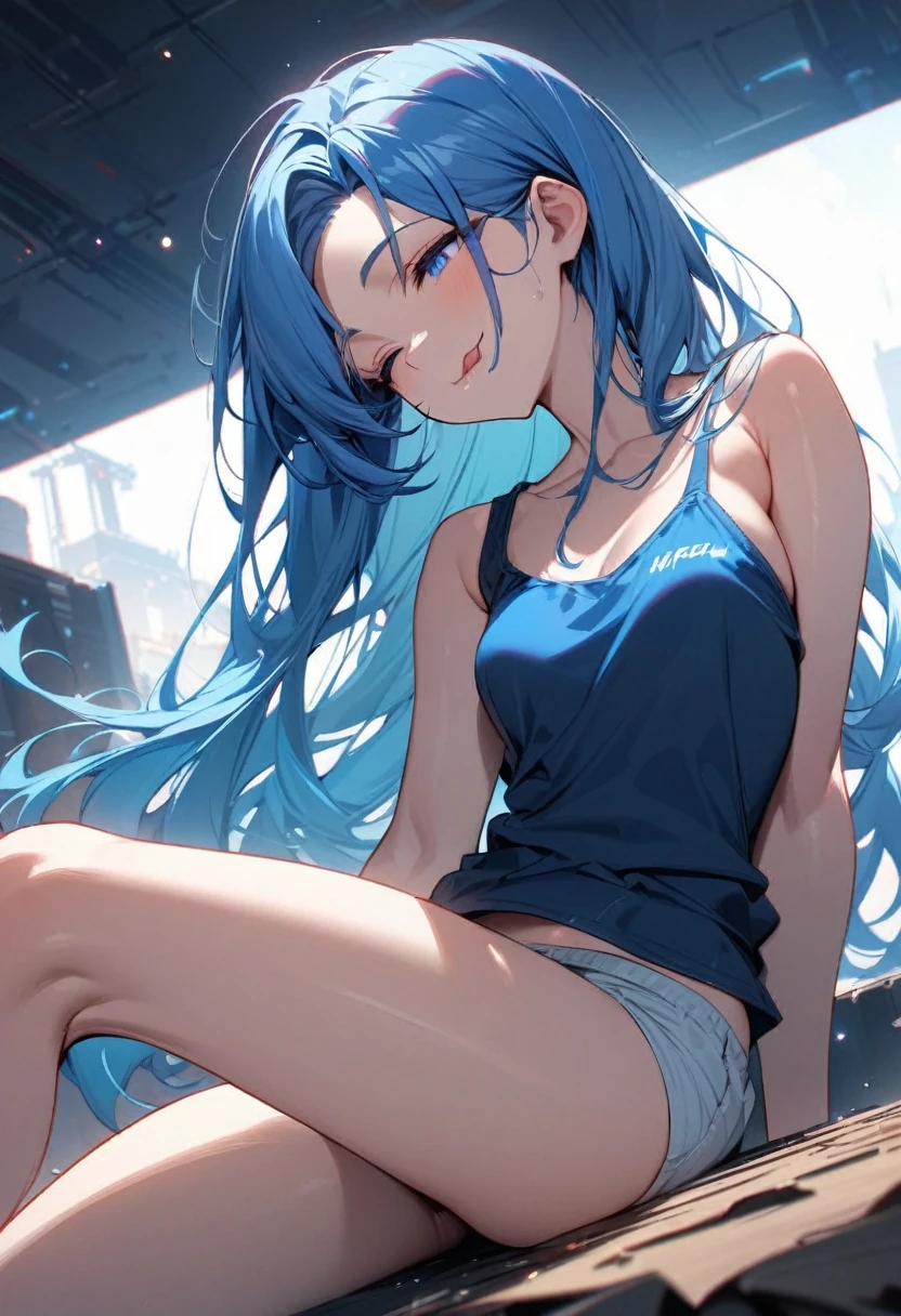 (solo:2, 15 yo), (immensely beautiful girl) (detailed forehead) (beautiful blue hair long hair) (immensely cute blue eye and sexy closed eye) (beautiful smile) (glossy lip, Stick tongue out) (small tits), in a detailed off shoulder tank top, hot pants), break, background white, BREAK, perfect anatomy, masterpiece, best quality, beautiful detailed 8-bit pixel, daydreaming expression.