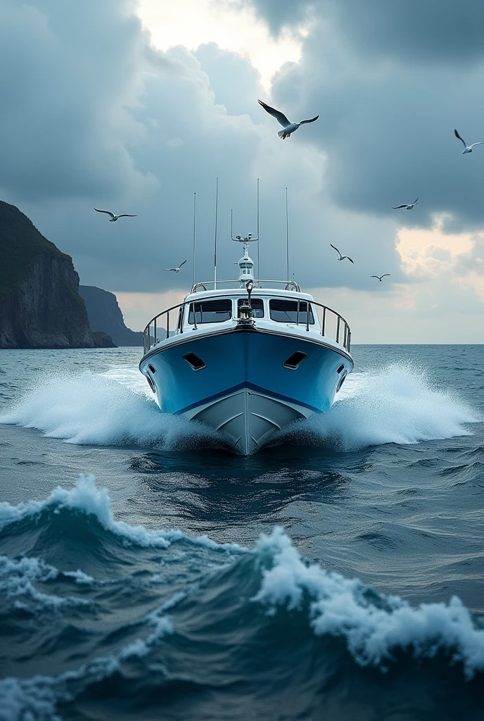 Small modern fishing boat sailing in a cold sea
