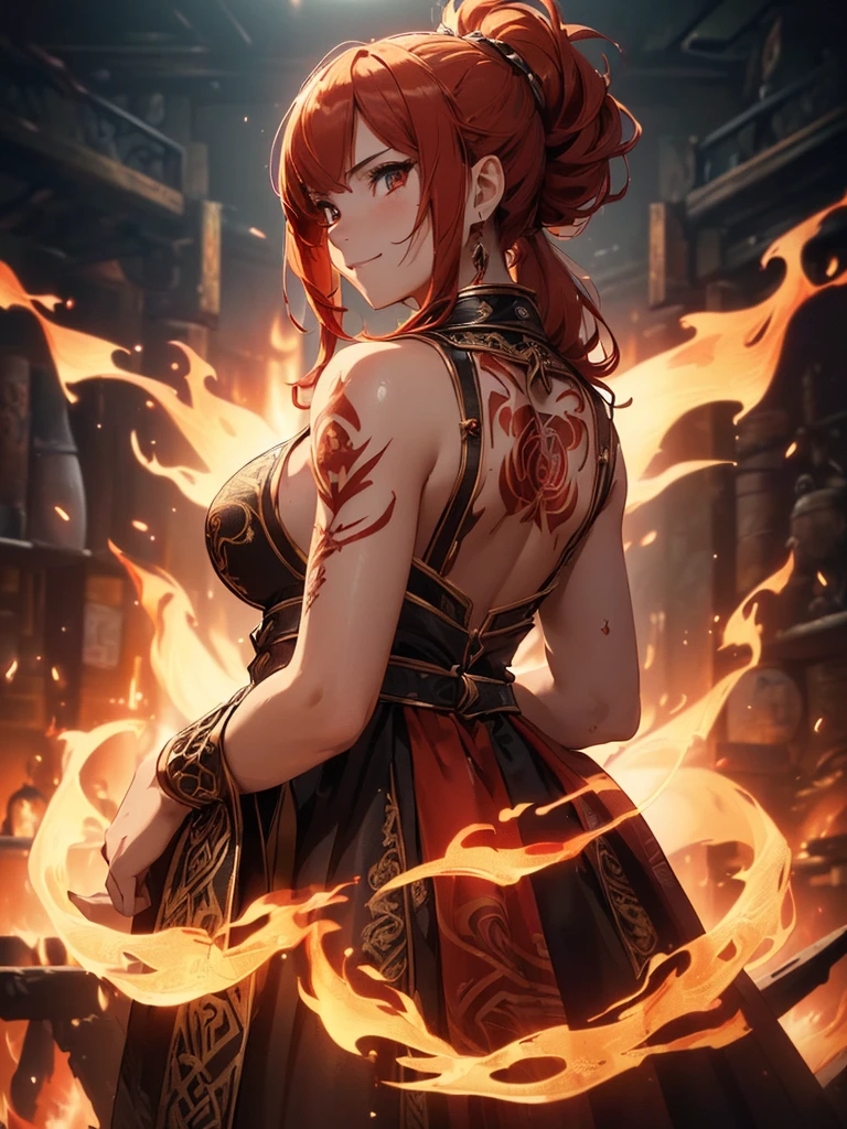 Shiota is a warrior with vibrant red hair.,flow like living fire around your head. She is in a firm and powerful posture, body slightly tilted forward, ready to deliver a deadly blow. His expression is determined and fierce, with an intense gaze that reveals the draconic strength she is channeling. Seus olhos brilham intensamente, with incandescent irises reflecting the fury of the flames that surround her.
A flaming aura surrounds Shiota's entire body, with dancing flames in shades of red, laranja e dourado. Flames seem to emerge from within her, as if becoming one with the power of the dragon. Shiota's hair flutters as if in the wind, with the tips emitting light sparks. Your skin displays temporary flame markings or scales that glow during the transformation., accentuating your connection with the draconic essence.
Shiota wears a red and black battle suit, with dragon wings and tail, intricate gold details reminiscent of dragon scales. A black and red sash is tied around her waist, holding an ornate scabbard embossed with the image of a golden dragon. She wields a katana with a shining blade, which emits a light aura of fire, ready to deliver devastating blows.
The setting is a devastated battlefield, with sparks and small flames in the air, creating an atmosphere of chaos and destruction. The ground around Shiota is burned or cracked due to the heat emanating from his flaming aura.. Other warriors can be seen in the background, some in shock and others trying to keep their distance, intimidated by Shiota's strength and overwhelming presence.
Shiota is at the height of the battle, facing multiple opponents or a powerful enemy. His fiery aura and imposing stance highlight his draconic transformation., making her a central figure on the battlefield. The intensity of her transformation suggests she is fighting with all her might.