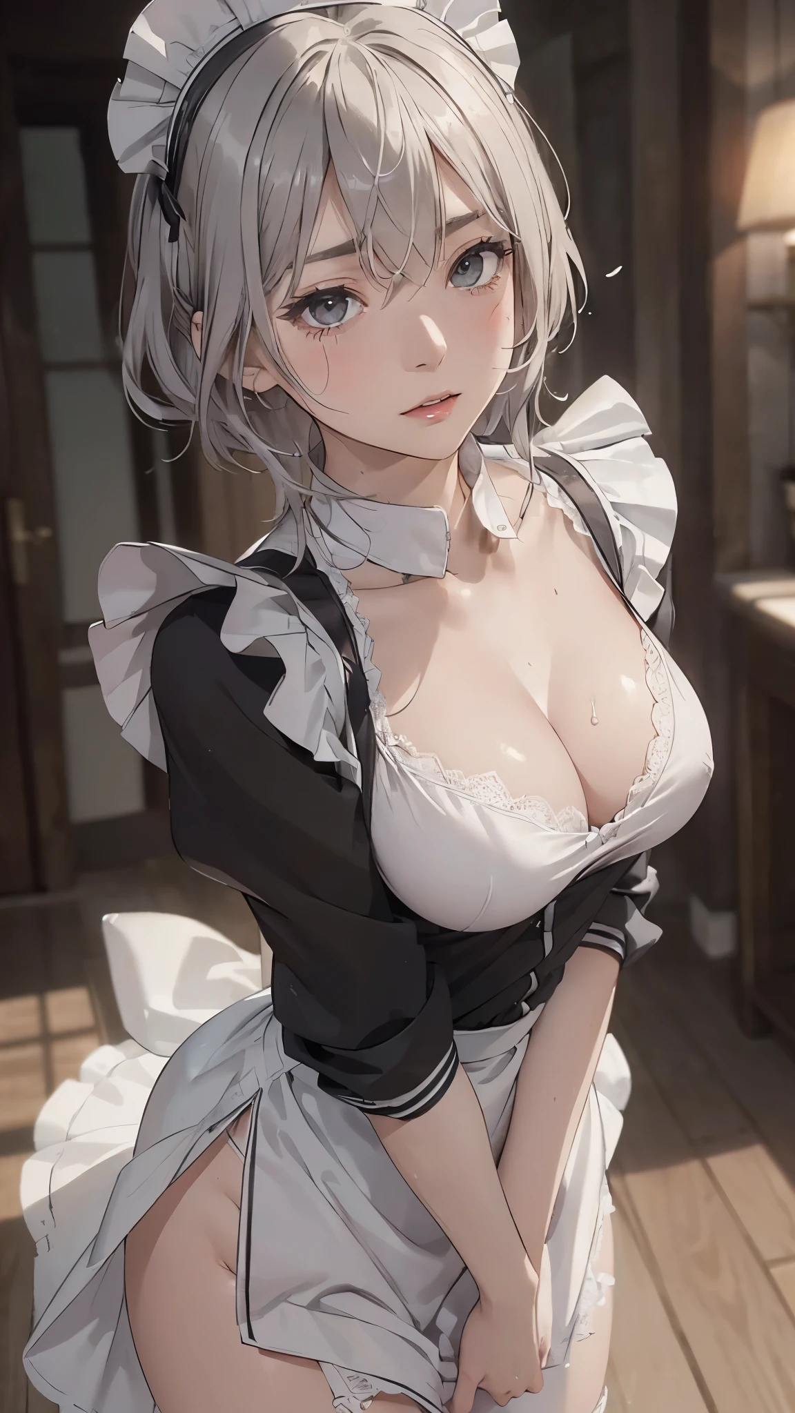 (pieces fly: 1.3), (maximum resolution: 1.2), (ultra high definition tv: 1.2), cinema light, 8K resolution, fine eyes and skin, Features of the detailed face, , (sharp focus on breasts: 1.2), (The focus is on the face:1.2),perfect style, cute face, Accurate, anatomically correct, Highly detailed face and skin texture, fine eyes, double eyelid, thin eyebrows, glitter eyeliner: 1 natural cheek, shiny skin, Fair skin, Glossy skin: 1.2, (glossy lips: 1.4),、 (embarrassed look: 1.2),20 year old woman, (detailed face:1.2), (highest quality:1.2), Retrospective shot of rear loam、angle from below, Low - Angle, from behind, cinematic lighting, perfect style, beautiful face, (skirt lift:1.4), loose and wrinkled white panties, stockings, blush、humiliation、impatience、Glare、tears、embarrassing、surprised expression、anger expression、 (Maid clothes:1.5),full of sweat、silver hair、green ash eye、Retrospective shot of rear loam、Low - Angleから、soaking wet、Overflowing sperm、Sperm in the ass、sperm on thigh、flowing sperm(fascinating butt:1.2),、exposed panties、disheveled clothes、exposed chest、NUDE, NSFW, porn, sex