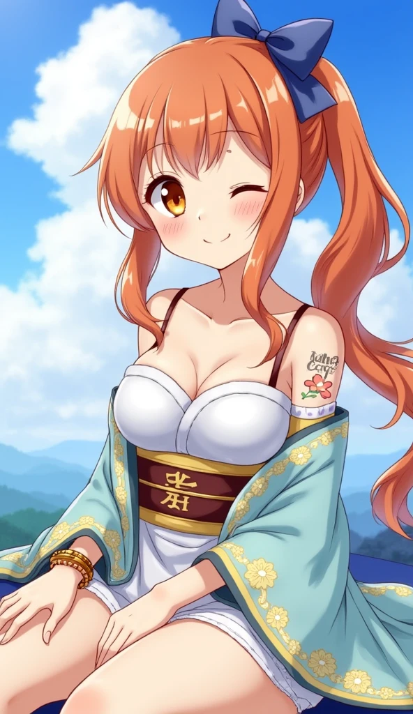 2D, masterpiece, Highest quality, anime, Highly detailed face, Highly detailed background, Perfect lighting, here, we, One person, One personで, Close one eye, Long Hair, smile, jewelry, sash, kimono, heart, Orange Hair, kimono, bow, light blue kimono, flower, flower print, Earrings, View your viewers, Sleeveless kimono, Ahoge, ribbon, hair bow, null, Day, bracelet, Sleeveless, ;\), blue bow, Outdoor, chest, cloud, Mouth closed, ponytail, blue null, Brown eyes, Orange eyes, Left shoulder tattoo, Expose your shoulders, very Long Hair, Side Lock, bangs, clavicle, Upper Body, Tattoo on left arm, Bare arms, official Alternative costumes, Blurred, Hands, Alternative costumes, medium chest, Blurred background, large chest, eyelash, Mountain, Parody, cloudy null, Sitting, Shiny Hair, Bangles, Wavy Hair, Sexy Underwear,大きなchest,Spread your legs,Seduce