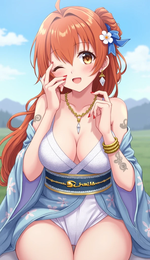 2D, masterpiece, Highest quality, anime, Highly detailed face, Highly detailed background, Perfect lighting, here, we, One person, One personで, Close one eye, Long Hair, smile, jewelry, sash, kimono, heart, Orange Hair, kimono, bow, light blue kimono, flower, flower print, Earrings, View your viewers, Sleeveless kimono, Ahoge, ribbon, hair bow, null, Day, bracelet, Sleeveless, ;\), blue bow, Outdoor, chest, cloud, Mouth closed, ponytail, blue null, Brown eyes, Orange eyes, Left shoulder tattoo, Expose your shoulders, very Long Hair, Side Lock, bangs, clavicle, Upper Body, Tattoo on left arm, Bare arms, official Alternative costumes, Blurred, Hands, Alternative costumes, medium chest, Blurred background, large chest, eyelash, Mountain, Parody, cloudy null, Sitting, Shiny Hair, Bangles, Wavy Hair, Sexy Underwear,大きなchest,Spread your legs,Seduce