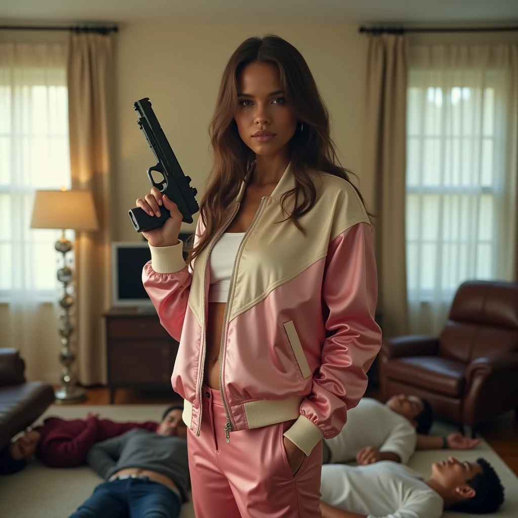 wide depth of field, wide depth of focus, f/11 lens setting, all objects in focus, living room background, full body image, pink and white short cropped soft satin bomber jacket,  woman posing with a pistol ,，almost perfect, pure form, intricate details, 8K post-production, high resolution, super detailed, Popular topics on Artstation,, Studio photos, intricate details, Very detailed, several unconscious men lay on the floor in the background