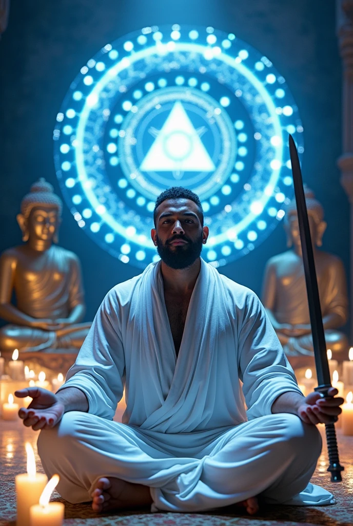 A warrior clad in white robes, with short hair and a full beard, in a meditative pose. His large sword rests to the right of him. Blue flames emanate from his eyes and hands., Surrounding candles and a large image of a golden Buddha on the left, 8k in the background, a circle of blue light power with many holistic symbols symbolizing a futuristic dimensional portal