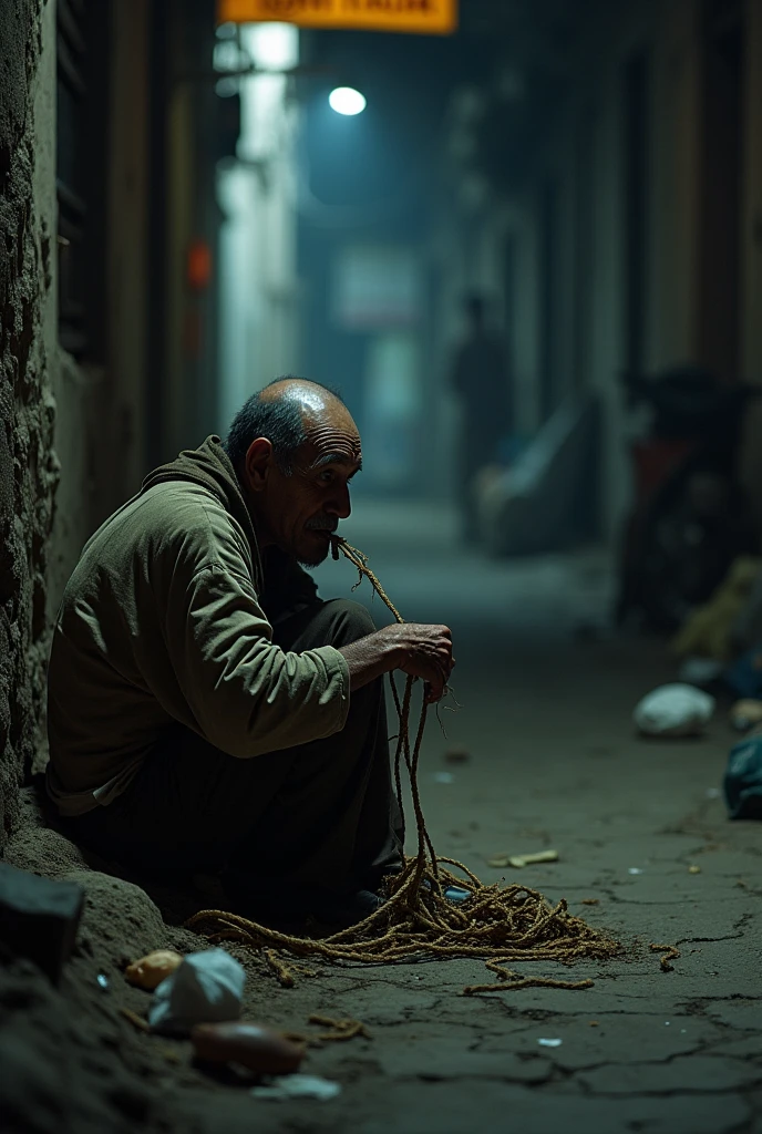 Skinny beggar eating rope