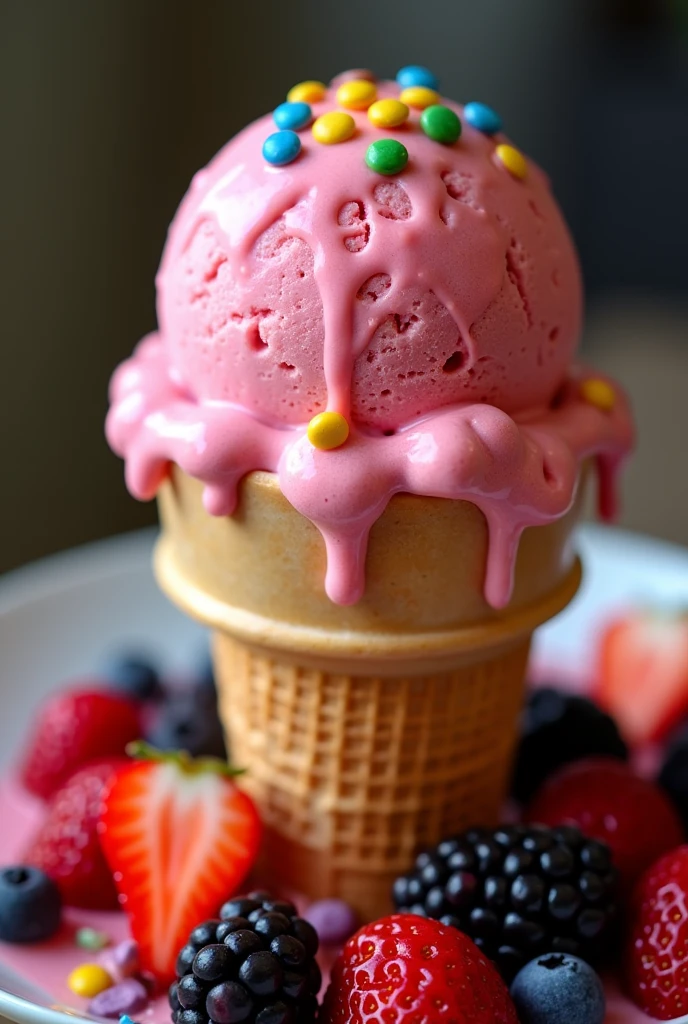 Create a pink ice cream ball with strawberry sauce and some colorful chips on top, and under the ball a cone with connettin with pieces of blackberry and strawberry fruit around the cone.