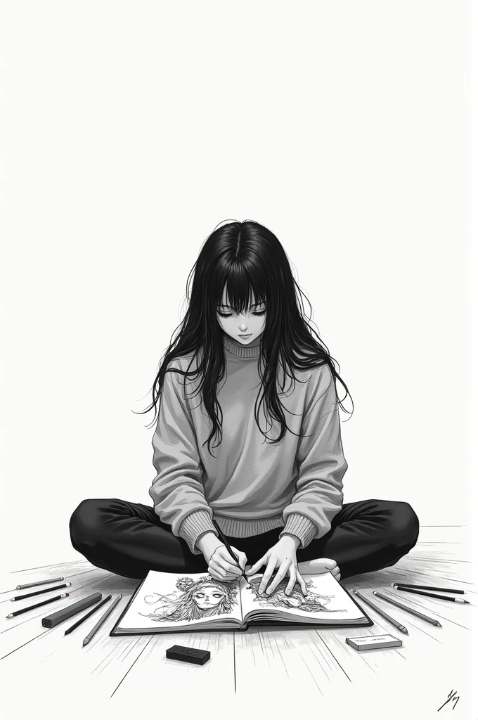 adult girl, drawing manga anime black and white on white background