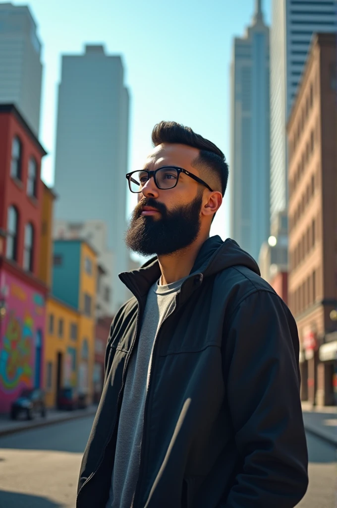 30 year old man, black hair, muscular, barba , Wearing glasses