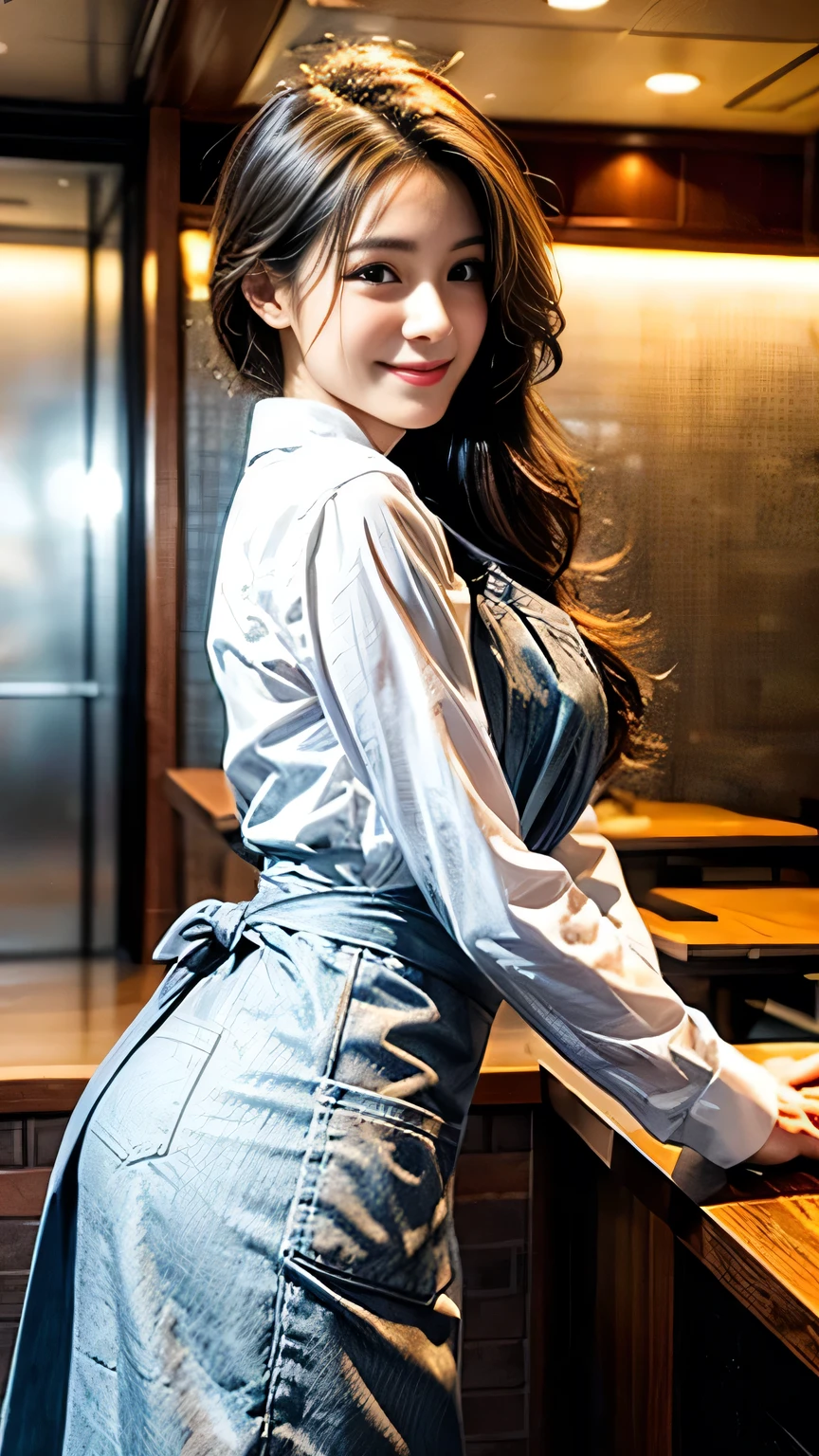 Beautiful female fast food server, Smiling while serving ordered dishes, Capturing customer attention, Detailed facial features, Cinema Lighting, Realistic, 8k, Super detailed, Symmetrical Configuration, Warm tones, Natural Skin Tone, Soft focus background, Dynamic pose, High-fashion apparel, Impeccable uniform, Confident expression, Cute Smile, Gorgeous eyes, Fine hand, Intricate apron design, Clean restaurant ambiance, Shining metal surface, realistic reflection, Appetizing food presentation, Immersive atmosphere