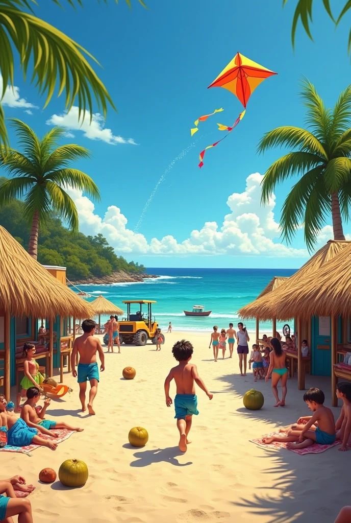 Draw a beach with straw huts, street vendors selling coconut water, child playing ball and flying kite, and in the background there is bushland and a machine extracting sand, further ahead place a school with an open gate