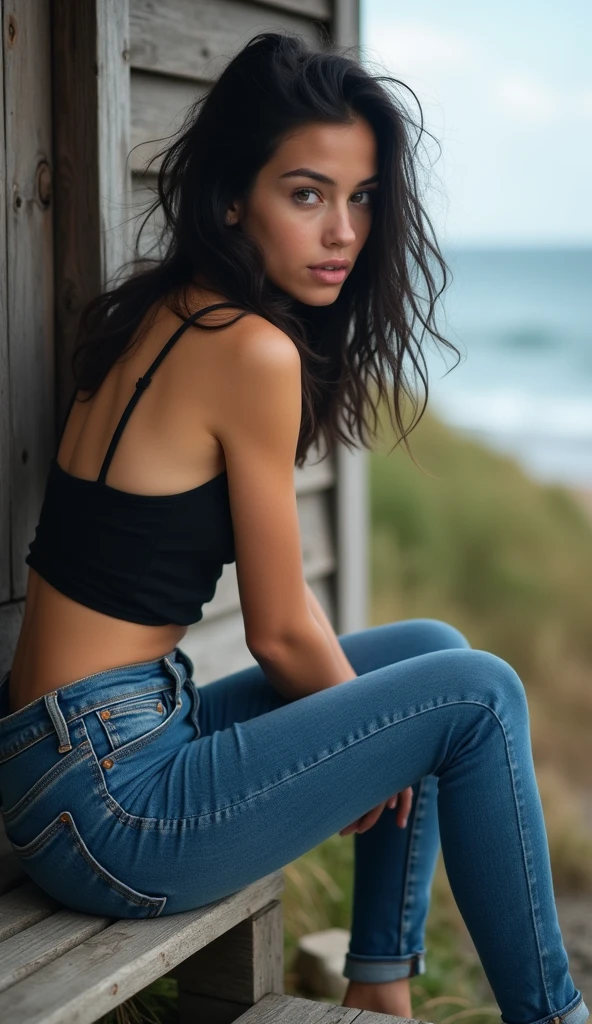 A breathtaking 18-year-old girl with soft, shoulder-length black curls and porcelain-like skin sits elegantly on the wooden steps of a rustic cabin by the sea. She wears tight jeans that accentuate her slender figure, which is turned sideways, with her legs tucked up gently towards her chest. Sitting with her body facing away, she turns her head over her shoulder to gaze directly into the camera. Her mesmerizing eyes and delicate features radiate a natural beauty, creating an enchanting and emotional connection with the viewer. The wind tousles her curls as the scene unfolds under a windy sky. The backdrop features the rugged textures of the wooden cabin and the serene, windswept seashore. Captured with a Sony FX3, the image feels ultra-realistic, highlighting her serene beauty, the snug fit of her jeans, and the dramatic coastal setting