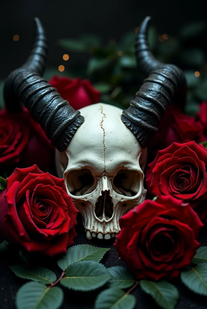Skull of a horned vampire surrounded by roses


 