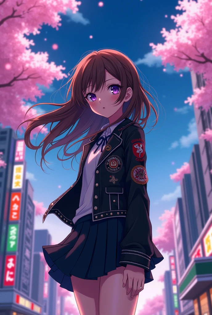 18-year-old anime girl in the style of Bungou Stray Dogs, brown hair and purple eyes