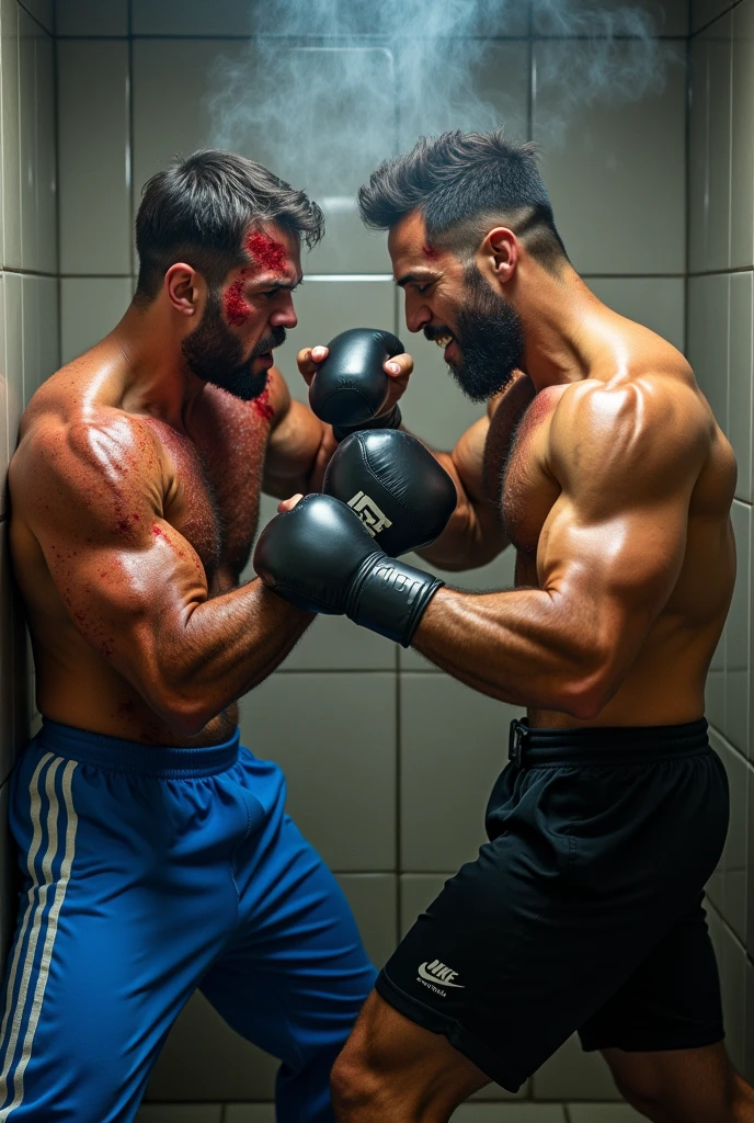 Two muscular men, fighting bare knuckle, no gloves inside a gym shower. Both are bruised and covered in their blood. One is wearing a blue Adidas track pant, while the other guy is wearing a black nike pant