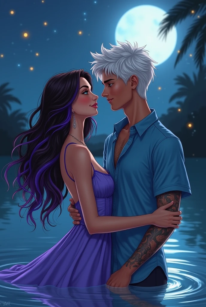 A brunette girl with purple streaks in her wavy hair, of Brown eyes, parts, blushing, Purple dress to the feet, She's in a lake dancing with a white-haired guy with messy hair, blue eyes,The boy has a stylish blue button-down shirt., The arms have tattoos, The guy has one of his hands and it's on her hip, They're facing each other at a short distance smiling in the air there are fireflies at night.