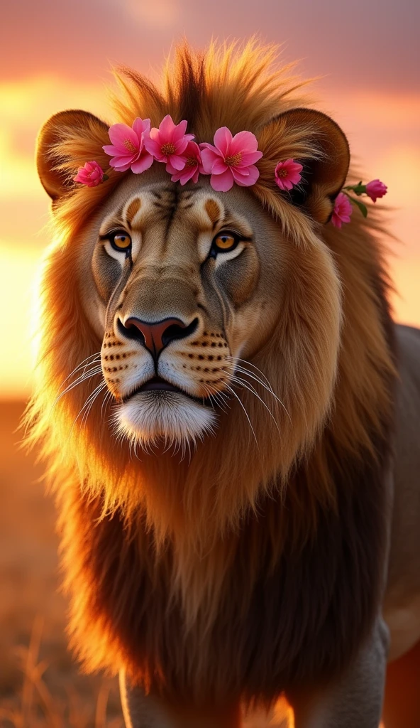 Strong and beautiful ultra realistic 8k female lion with pink flower details 