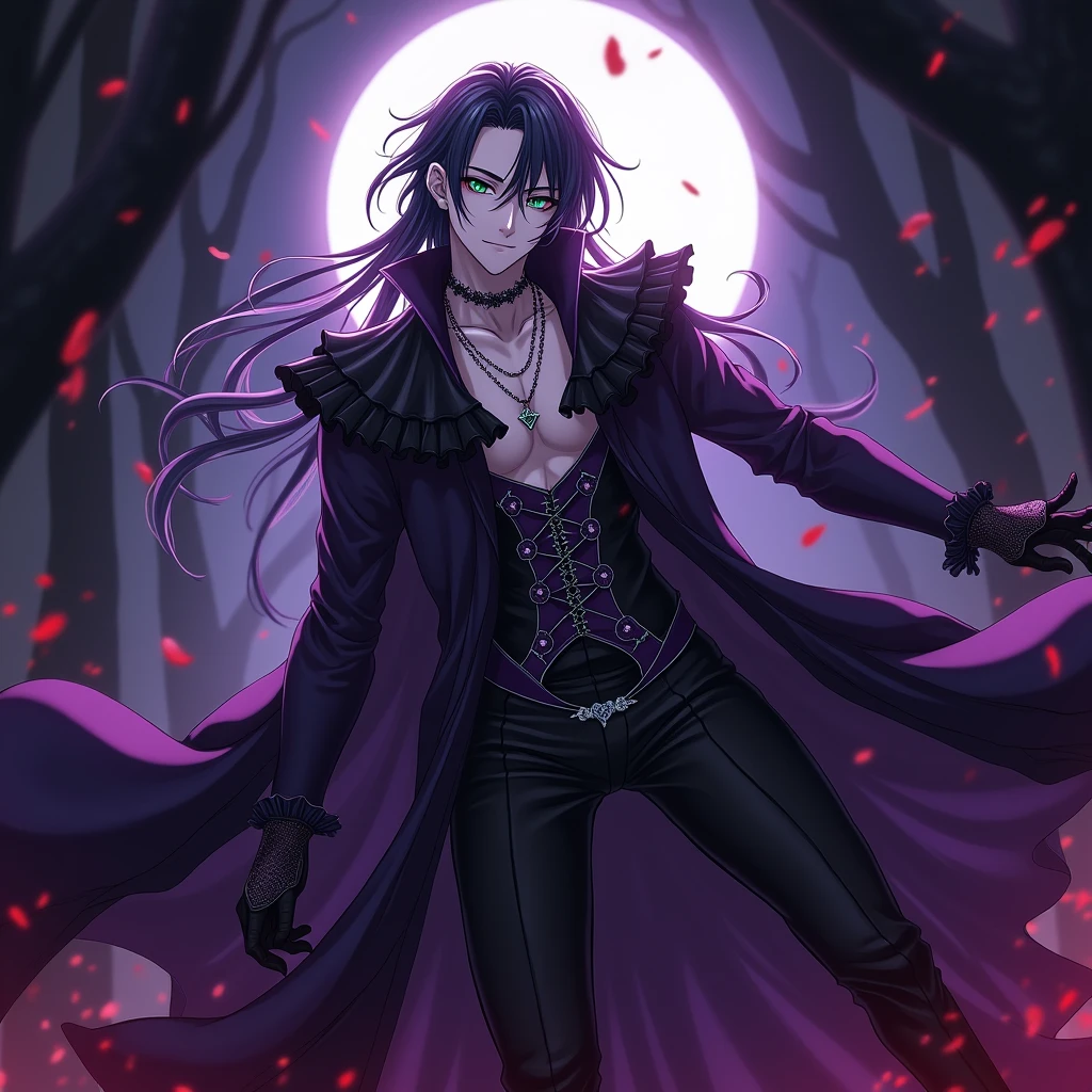 A sexy young male, black, long hair, teal blue eyes. Gothic clothes. (Male) (no facial or body hair)) masterpiece, best quality, ultra-detailed, best shadow), (detailed background) (purple and black) pretty handsome. Sexy Cute. No facial hair. No body hair. Wink. Seductive. Sexy. Pale and white skin. Smirking. Anime style. Blood. Vampire. Sexy. Death note style. Pink lips. SENSUAL. Purple and black gothic frilly clothes. Long lashes. Sexy pose. Love. Shiny. Vampire Prince. Bottom angle. Seductive. Male. Bottom angle. Shiny. Long boots. Delicate facial features. Kiss. Nice ass.