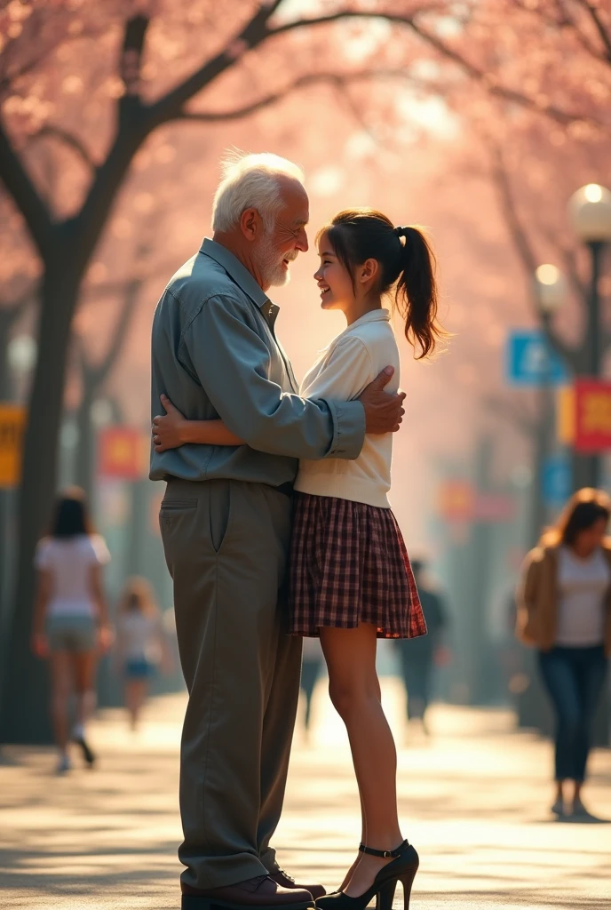 An old man hugging a schoolgirl from behind, his arms around her waist, she's wearing a miniskirt and high-heeled sandals, a full-length shot.