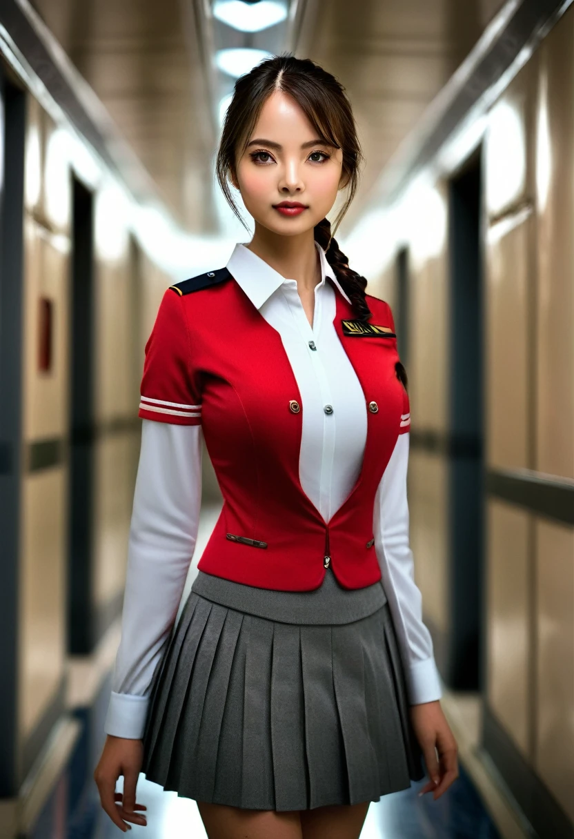 masterpiece, 1girl, solo, extremely detailed, photo realistic, high resolution, soft lighting, cinematic angle, slender, slim, detailed face, beautiful eyes, pretty face, a girl wearing uniform standing in a plane corridor, red shirt and gray skirt,