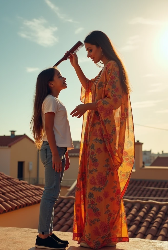 La belle femme arabe peigne les cheveux de sa fille avec un peigne sur le toit de la maison. Elle porte une caftan marocaine . Une fille portant un jean et chaussure noir et portant un petit miroir. voir son visage