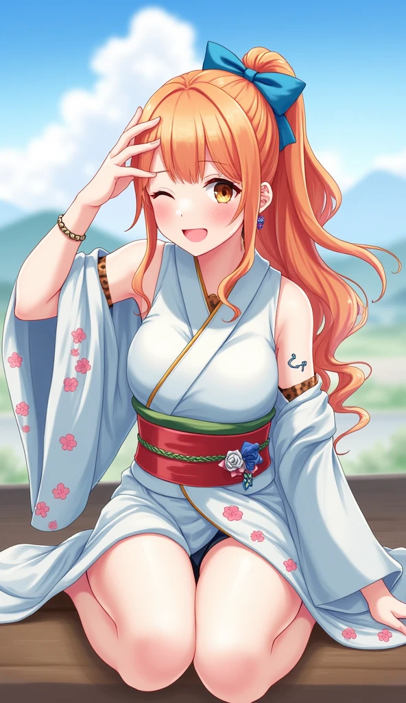 2D, masterpiece, Highest quality, anime, Highly detailed face, Highly detailed background, Perfect lighting, here, we, One person, One personで, Close one eye, Long Hair, smile, jewelry, sash, kimono, heart, Orange Hair, kimono, bow, light blue kimono, flower, flower print, Earrings, View your viewers, Sleeveless kimono, Ahoge, ribbon, hair bow, null, Day, bracelet, Sleeveless, ;\), blue bow, Outdoor, chest, cloud, Mouth closed, ponytail, blue null, Brown eyes, Orange eyes, Left shoulder tattoo, Expose your shoulders, very Long Hair, Side Lock, bangs, clavicle, Upper Body, Tattoo on left arm, Bare arms, official Alternative costumes, Blurred, Hands, Alternative costumes, medium chest, Blurred background, large chest, eyelash, Mountain, Parody, cloudy null, Sitting, Shiny Hair, Bangles, Wavy Hair, Sexy Underwear,大きなchest,Spread your legs,Seduce,Nami