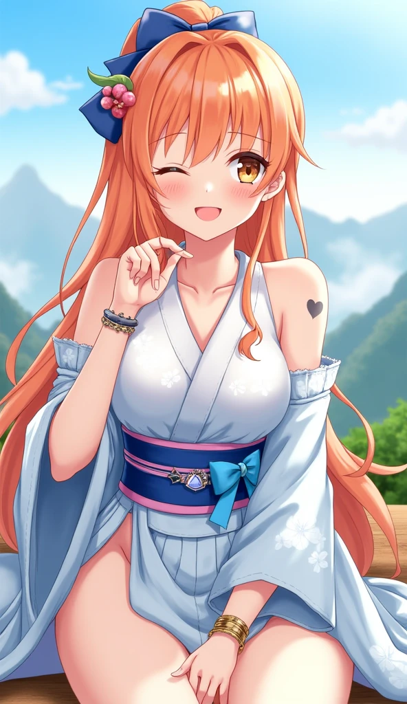 2D, masterpiece, Highest quality, anime, Highly detailed face, Highly detailed background, Perfect lighting, here, we, One person, One personで, Close one eye, Long Hair, smile, jewelry, sash, kimono, heart, Orange Hair, kimono, bow, light blue kimono, flower, flower print, Earrings, View your viewers, Sleeveless kimono, Ahoge, ribbon, hair bow, null, Day, bracelet, Sleeveless, ;\), blue bow, Outdoor, chest, cloud, Mouth closed, ponytail, blue null, Brown eyes, Orange eyes, Left shoulder tattoo, Expose your shoulders, very Long Hair, Side Lock, bangs, clavicle, Upper Body, Tattoo on left arm, Bare arms, official Alternative costumes, Blurred, Hands, Alternative costumes, medium chest, Blurred background, large chest, eyelash, Mountain, Parody, cloudy null, Sitting, Shiny Hair, Bangles, Wavy Hair, Sexy Underwear,大きなchest,Spread your legs,Seduce,Nami